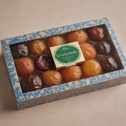 A rectangular box filled with dates inside small, transparent packages. The box is decorated with vibrant Islamic patterns, date branches and fruits. The brand, 'Tamar Garden', is prominently displayed.