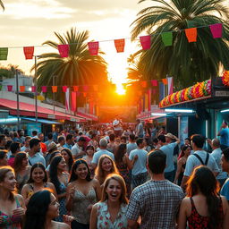 A cinematic representation of a lively street music festival filled with diverse crowds enjoying live music, vibrant colorful decorations, street food stalls, and musicians performing energetically on stage, with a sunset in the background casting a warm golden glow over the scene