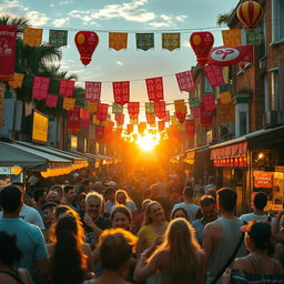 A cinematic representation of a lively street music festival filled with diverse crowds enjoying live music, vibrant colorful decorations, street food stalls, and musicians performing energetically on stage, with a sunset in the background casting a warm golden glow over the scene