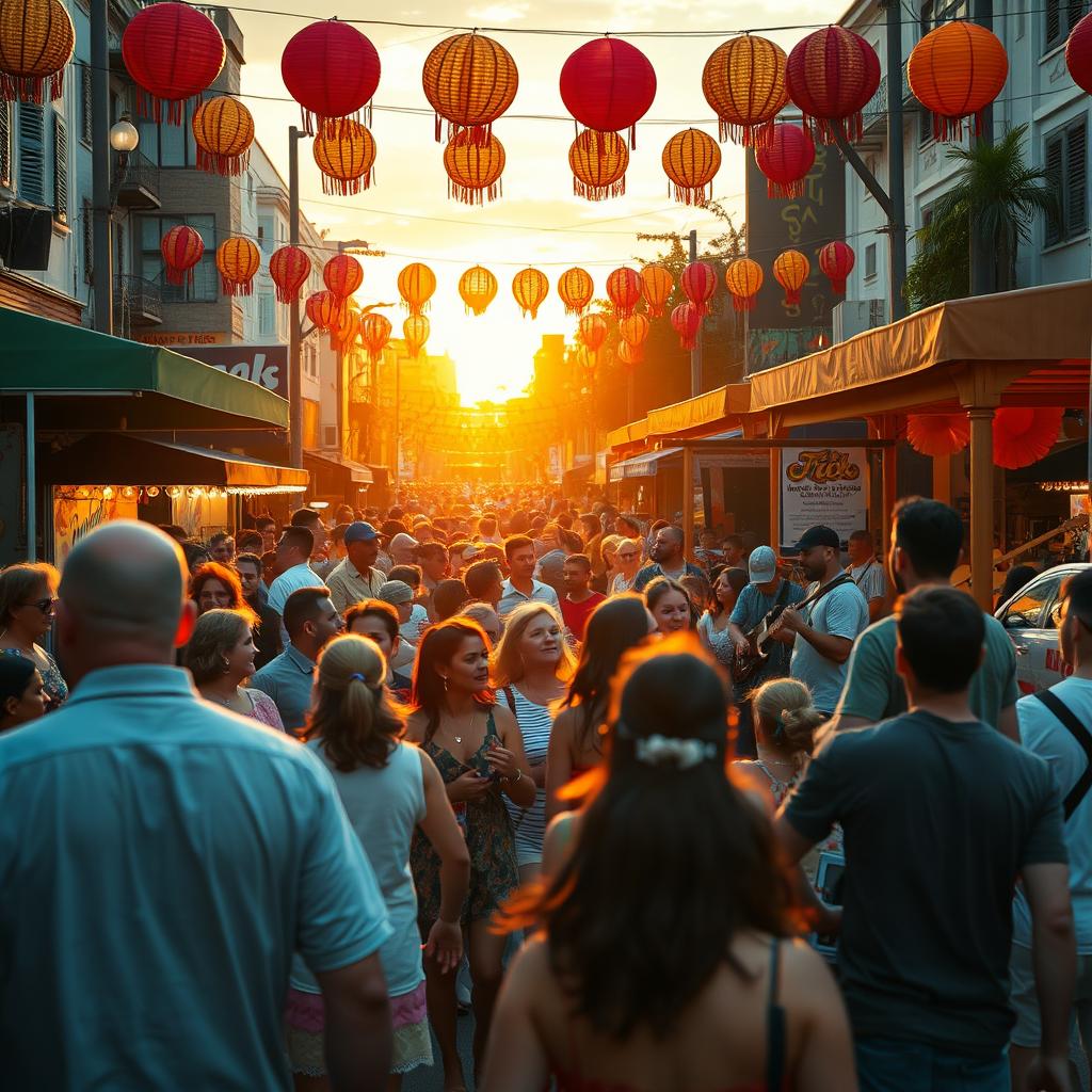 A cinematic representation of a lively street music festival filled with diverse crowds enjoying live music, vibrant colorful decorations, street food stalls, and musicians performing energetically on stage, with a sunset in the background casting a warm golden glow over the scene