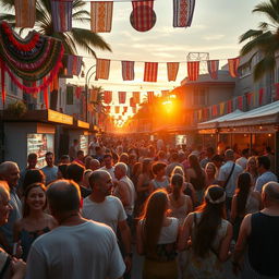 A cinematic representation of a lively street music festival filled with diverse crowds enjoying live music, vibrant colorful decorations, street food stalls, and musicians performing energetically on stage, with a sunset in the background casting a warm golden glow over the scene