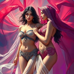 A beautiful digital painting featuring a romantic couple of two women, one of European descent and the other of Arab descent, both in stylish skimpy two-piece swimsuits - a bandeau and a high-neck bikini with intricate designs