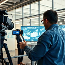 A corporate video filming in a modern office setting, showcasing branding elements and creative visuals that effectively communicate complex ideas in clear and engaging content