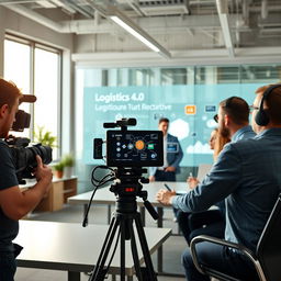 A corporate video filming in a modern office setting, showcasing branding elements and creative visuals that effectively communicate complex ideas in clear and engaging content