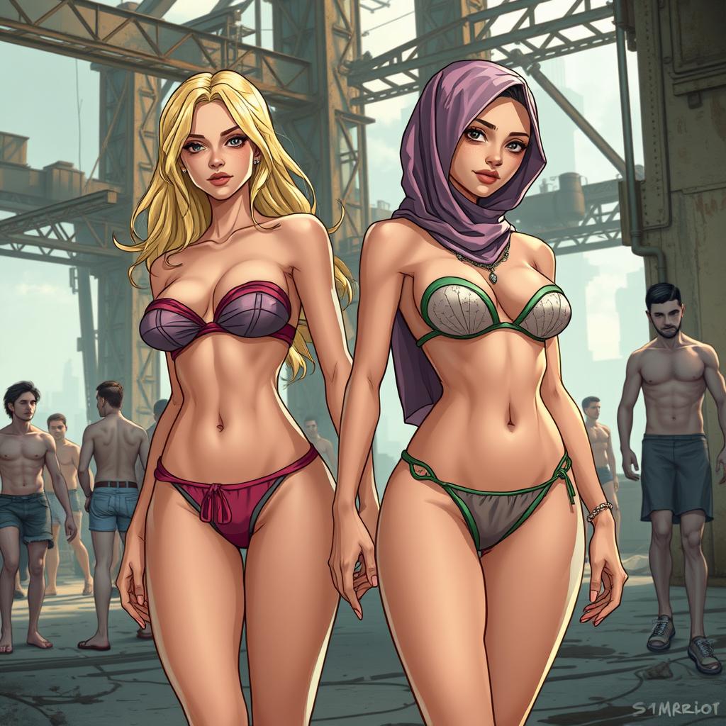 An illustration depicting a post-apocalyptic or dystopian scene featuring two blonde women, one representing European and the other Arab descent