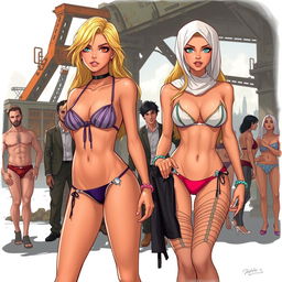 An illustration depicting a post-apocalyptic or dystopian scene featuring two blonde women, one representing European and the other Arab descent