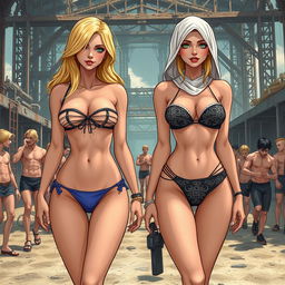 An illustration depicting a post-apocalyptic or dystopian scene featuring two blonde women, one representing European and the other Arab descent