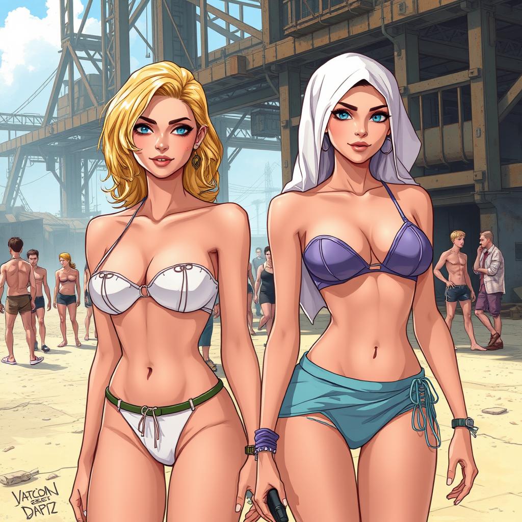 An illustration depicting a post-apocalyptic or dystopian scene featuring two blonde women, one representing European and the other Arab descent