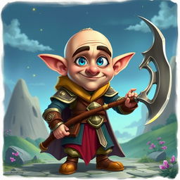 A goofy and funny half-elf adult man characterized by a bald head and vibrant blue eyes