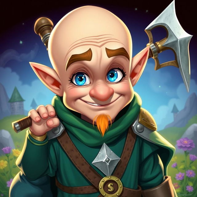 A goofy and funny half-elf adult man characterized by a bald head and vibrant blue eyes