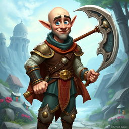 A goofy and funny half-elf adult man characterized by a bald head and vibrant blue eyes