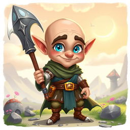 A goofy and funny half-elf adult man characterized by a bald head and vibrant blue eyes