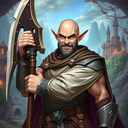 A strong and funny half-elf adult man with a bald head and striking blue eyes, portrayed as a fantasy paladin