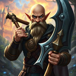 A strong and funny half-elf adult man with a bald head and striking blue eyes, portrayed as a fantasy paladin