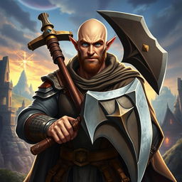 A strong and funny half-elf adult man with a bald head and striking blue eyes, portrayed as a fantasy paladin