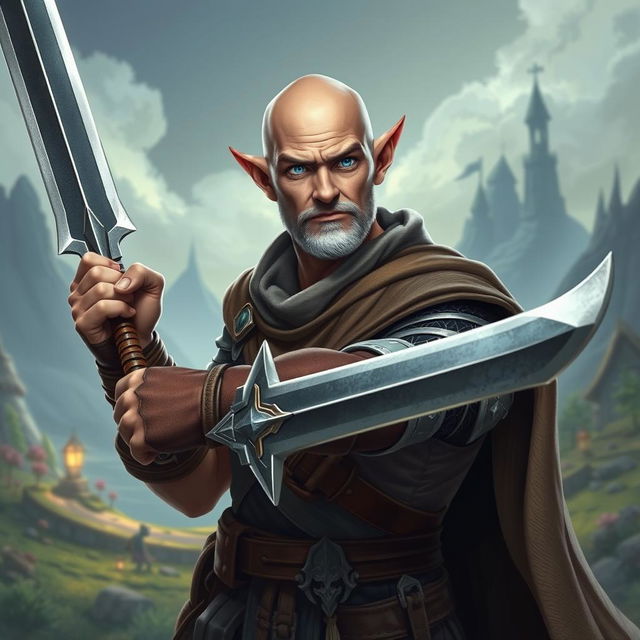 A strong and funny half-elf adult man with a bald head and captivating blue eyes, depicted as a fantasy paladin wielding a wide sword