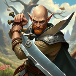 A strong and funny half-elf adult man with a bald head and captivating blue eyes, depicted as a fantasy paladin wielding a wide sword