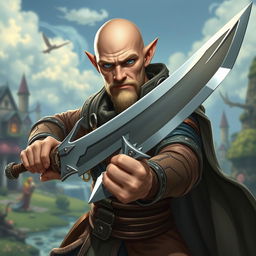 A strong and funny half-elf adult man with a bald head and captivating blue eyes, depicted as a fantasy paladin wielding a wide sword