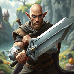 A strong and funny half-elf adult man with a bald head and captivating blue eyes, depicted as a fantasy paladin wielding a wide sword