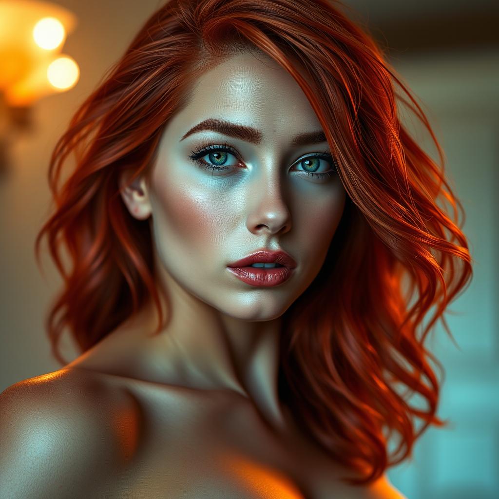 A hyper-realistic depiction of a sexy woman with vibrant red hair, striking green eyes, and full, luscious lips