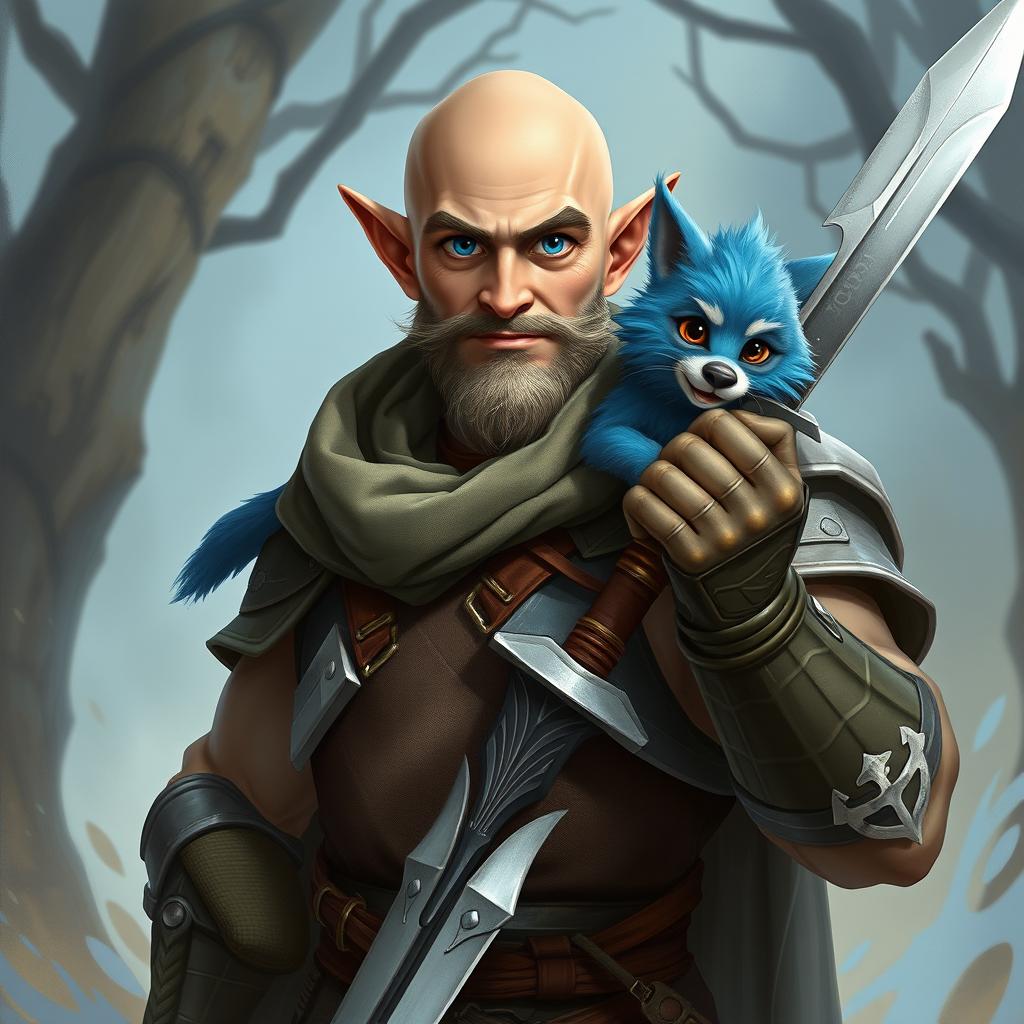 A strong and funny half-elf adult man with a bald head and bright blue eyes, portrayed as a fantasy paladin