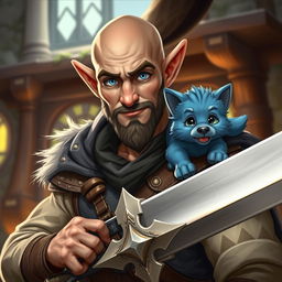 A strong and funny half-elf adult man with a bald head and bright blue eyes, portrayed as a fantasy paladin