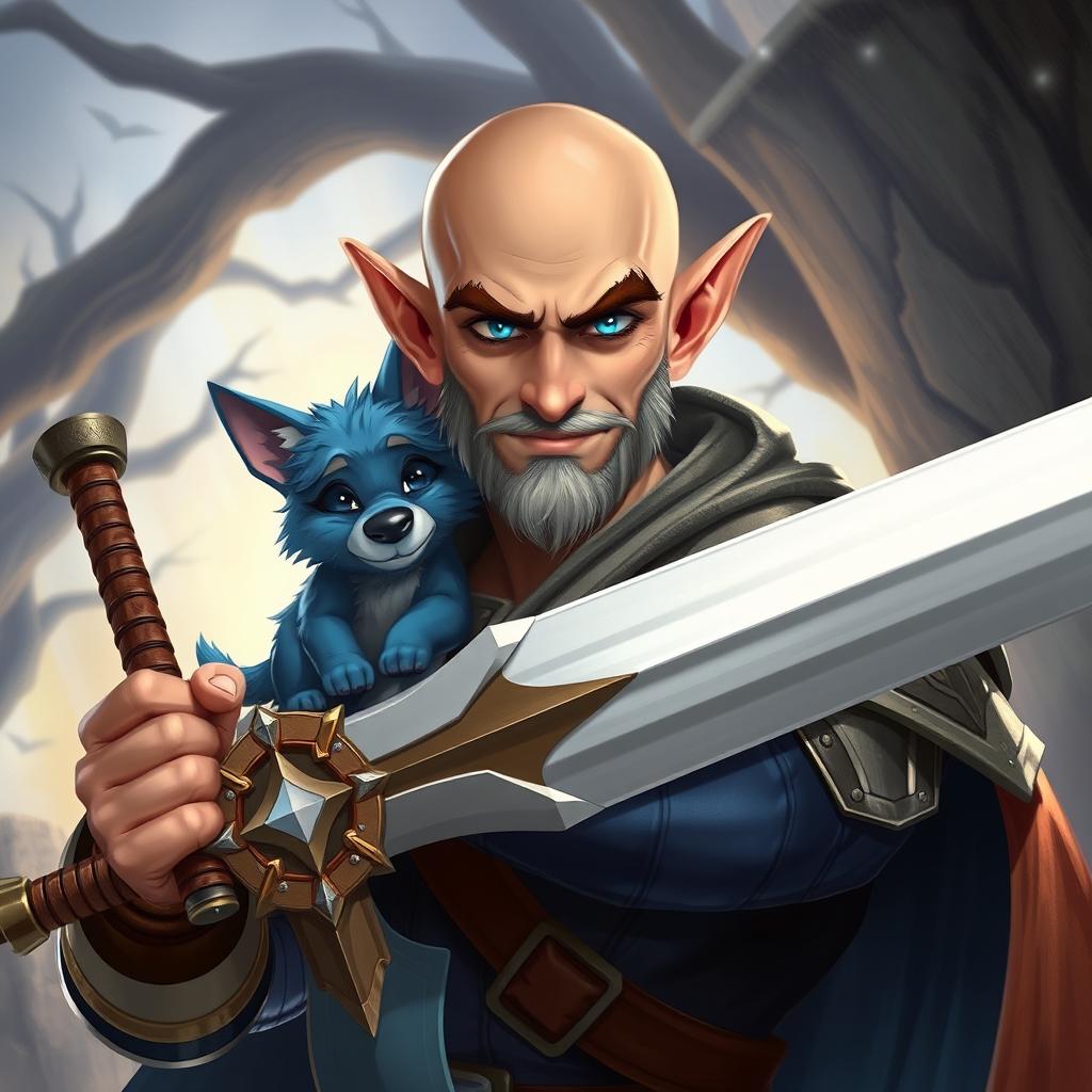 A strong and funny half-elf adult man with a bald head and bright blue eyes, portrayed as a fantasy paladin