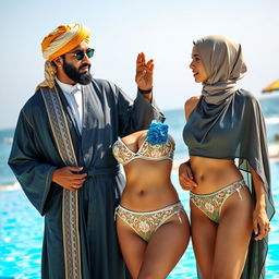 A fashionable scene depicting a man in traditional Middle Eastern attire wearing a turban and elaborate robes, deeply engaged in conversation with a woman showcasing a variety of skimpy swimwear in a stylish two-piece bikini