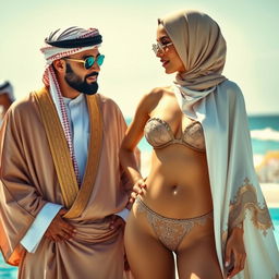 A fashionable scene depicting a man in traditional Middle Eastern attire wearing a turban and elaborate robes, deeply engaged in conversation with a woman showcasing a variety of skimpy swimwear in a stylish two-piece bikini