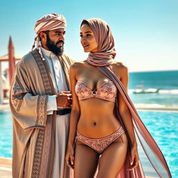 A fashionable scene depicting a man in traditional Middle Eastern attire wearing a turban and elaborate robes, deeply engaged in conversation with a woman showcasing a variety of skimpy swimwear in a stylish two-piece bikini