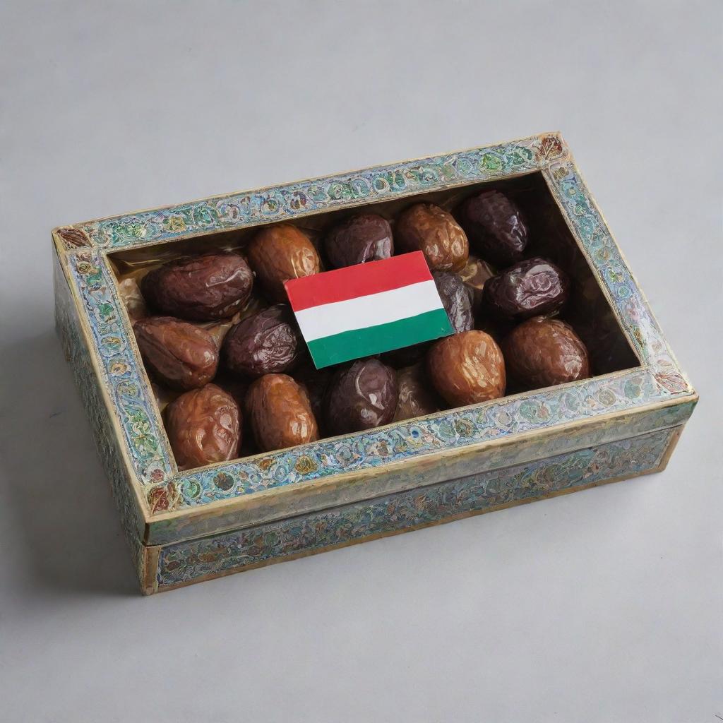 A rectangular box filled with dates, featuring a transparent cover on the front. The box is adorned with the colors of the Palestinian flag, Islamic patterns, date branches, and fruits. Front text says 'Kembara Tamar'.