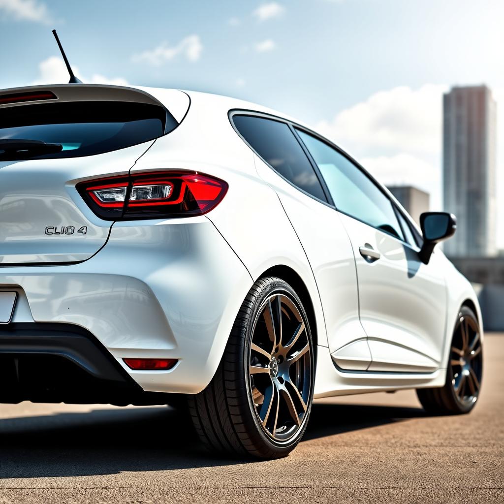 A Renault Clio 4 in bright white, featuring sleek 16-inch black alloy wheels that stand out against the vibrant body color