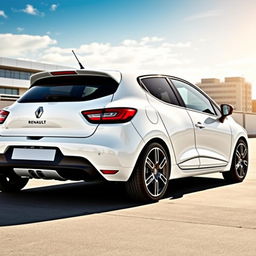 A Renault Clio 4 in bright white, featuring sleek 16-inch black alloy wheels that stand out against the vibrant body color