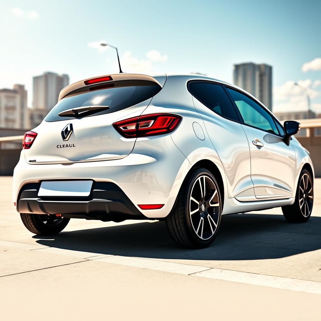 A Renault Clio 4 in bright white, featuring sleek 16-inch black alloy wheels that stand out against the vibrant body color