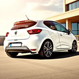 A Renault Clio 4 in bright white, featuring sleek 16-inch black alloy wheels that stand out against the vibrant body color