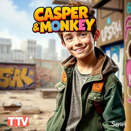 A vibrant and dynamic poster for a TV series featuring a teenage boy with an adventurous expression, wearing casual, trendy clothing