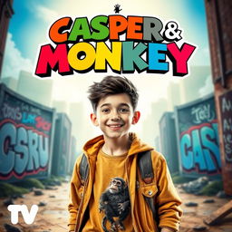 A vibrant and dynamic poster for a TV series featuring a teenage boy with an adventurous expression, wearing casual, trendy clothing