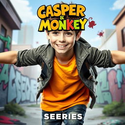 A vibrant and dynamic poster for a TV series featuring a teenage boy with an adventurous expression, wearing casual, trendy clothing