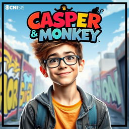 A vibrant and dynamic poster for a TV series featuring a teenage boy with an adventurous expression, wearing casual, trendy clothing