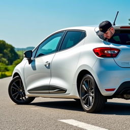 A Renault Clio 4 in bright white, featuring stylish 16-inch black alloy wheels and tinted rear windows