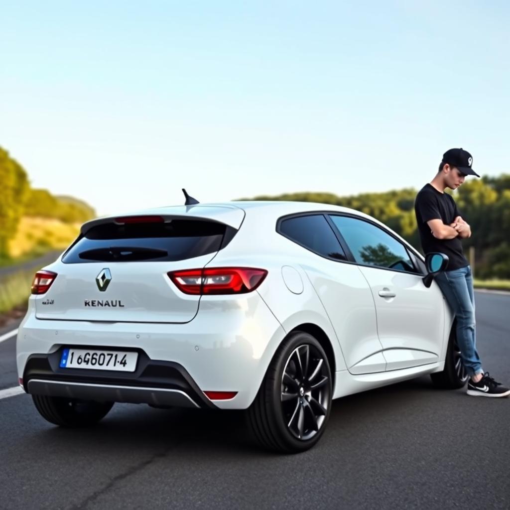 A Renault Clio 4 in bright white, featuring stylish 16-inch black alloy wheels and tinted rear windows