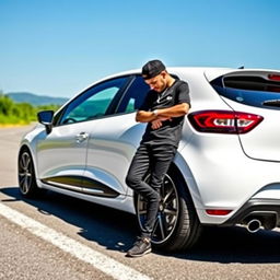 A Renault Clio 4 in bright white, featuring stylish 16-inch black alloy wheels and tinted rear windows