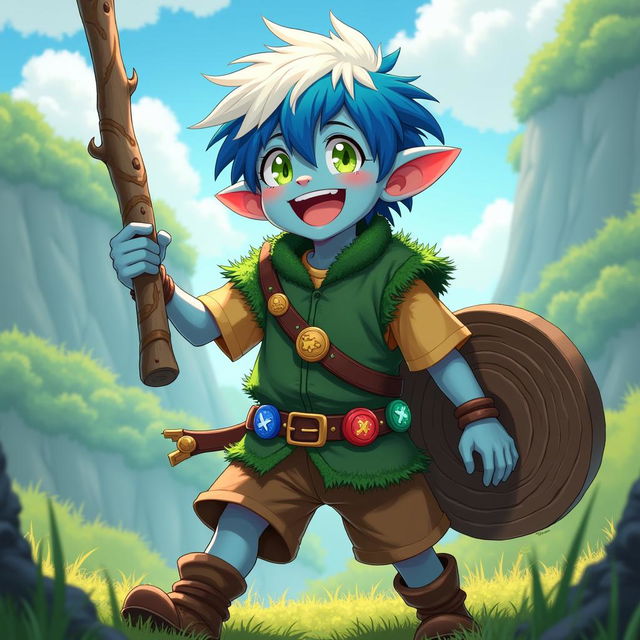 An anime art style illustration inspired by Overlord, depicting a young adult male halfling with striking sky-blue skin and messy, mossy hair that is half white and half blue