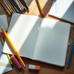 A school notebook, blank and open, surrounded by various school supplies including a yellow pencil, colorful markers, an eraser, and a ruler