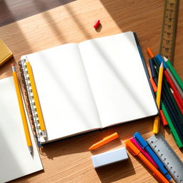 A school notebook, blank and open, surrounded by various school supplies including a yellow pencil, colorful markers, an eraser, and a ruler