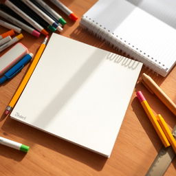 A school notebook, blank and open, surrounded by various school supplies including a yellow pencil, colorful markers, an eraser, and a ruler