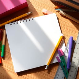 A school notebook, blank and open, surrounded by various school supplies including a yellow pencil, colorful markers, an eraser, and a ruler