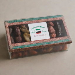 A rectangular box filled with dates, featuring a transparent cover on the front. The box is adorned with the colors of the Palestinian flag, Islamic patterns, date branches, and fruits. Front text says 'Kembara Tamar'.