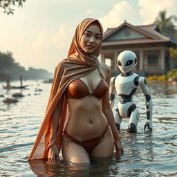 A stunning scene featuring a woman wearing a skimpy two-piece bikini with a one-shoulder top and high-neck design, complemented by stylish lingerie, adorned in a hijab that reflects Islamic vibes