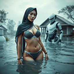 A stunning scene featuring a woman wearing a skimpy two-piece bikini with a one-shoulder top and high-neck design, complemented by stylish lingerie, adorned in a hijab that reflects Islamic vibes